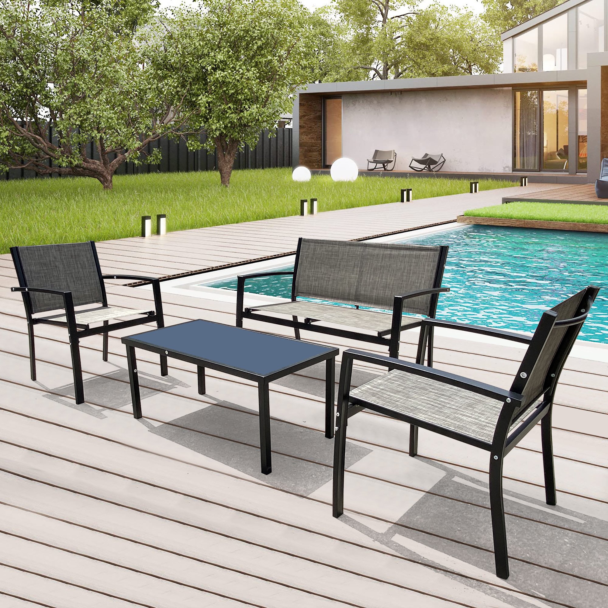 4 Pieces Patio Furniture Set Outdoor Garden Patio Conversation Sets Poolside Lawn Chairs with Glass Coffee Table Porch Furniture 4 Pieces Patio Furniture Set Outdoor Garden Patio Conversation Sets Poolside Lawn Chairs with Glass Coffee Table Porch Furniture